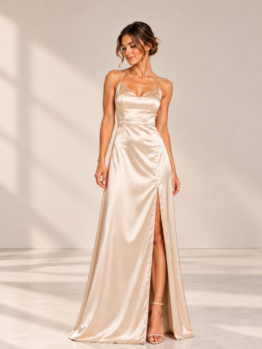 Birdy Grey Jay Champagne Shiny Satin Bridesmaid Maxi Dress Slit Size S